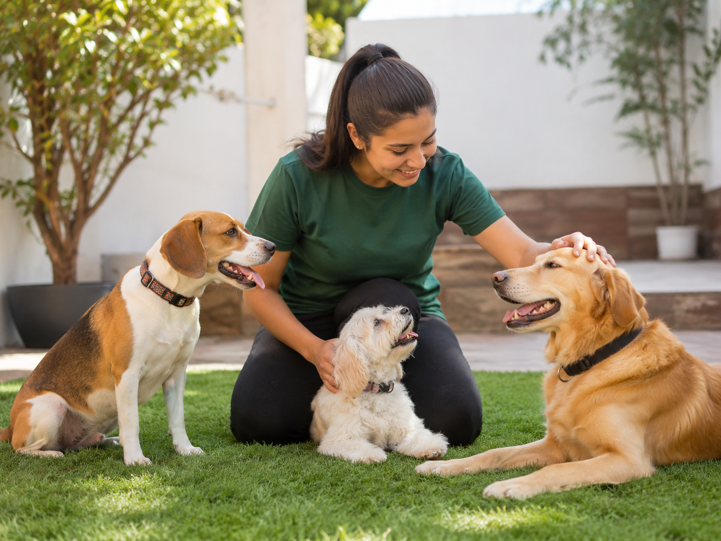 Cuidadora con perros en el jardín de Patitas Club