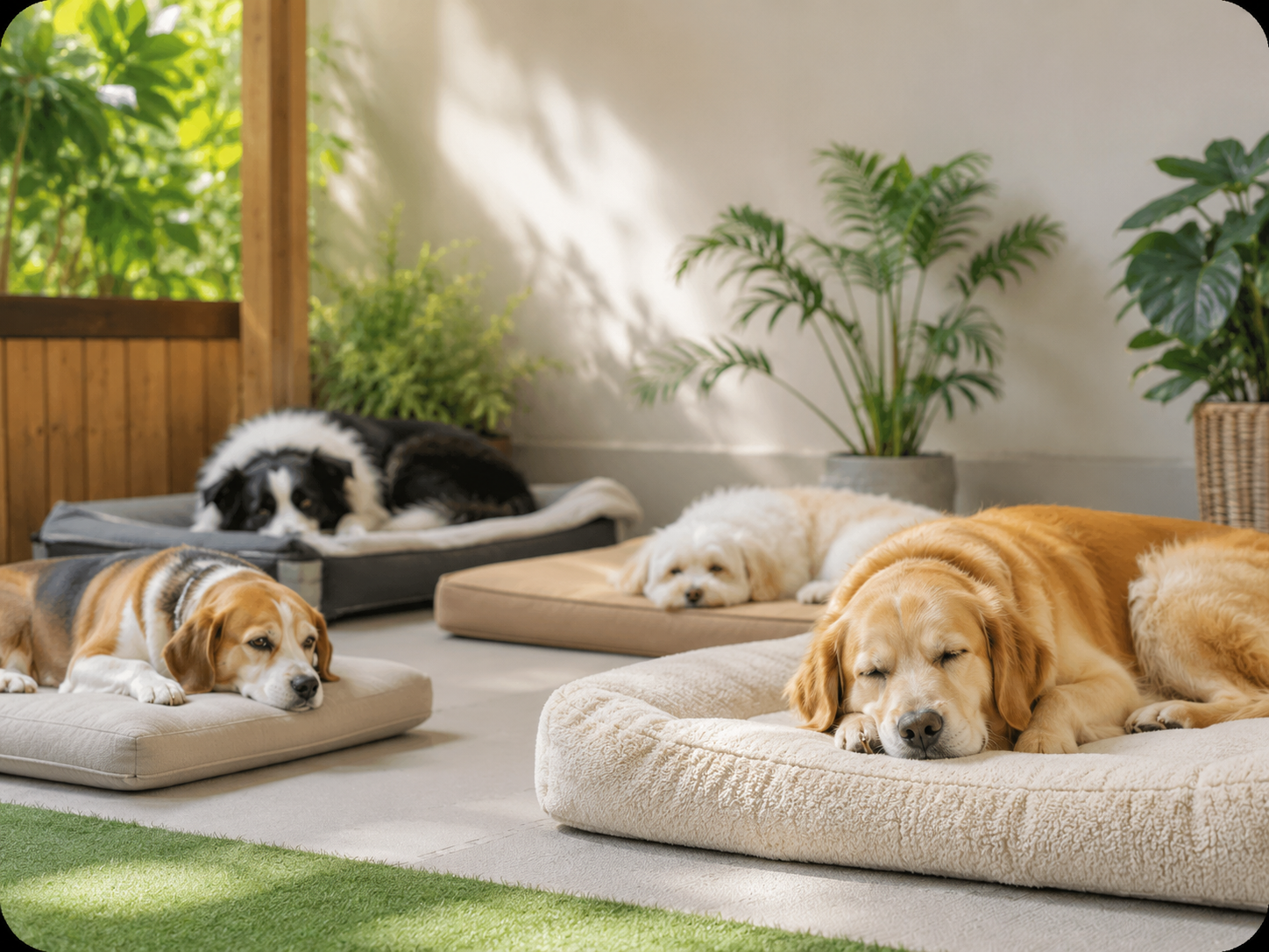 Perros descansando en camas cómodas