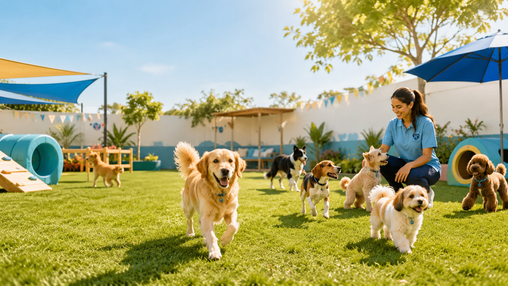 Perros jugando en zona exterior de Patitas Club
