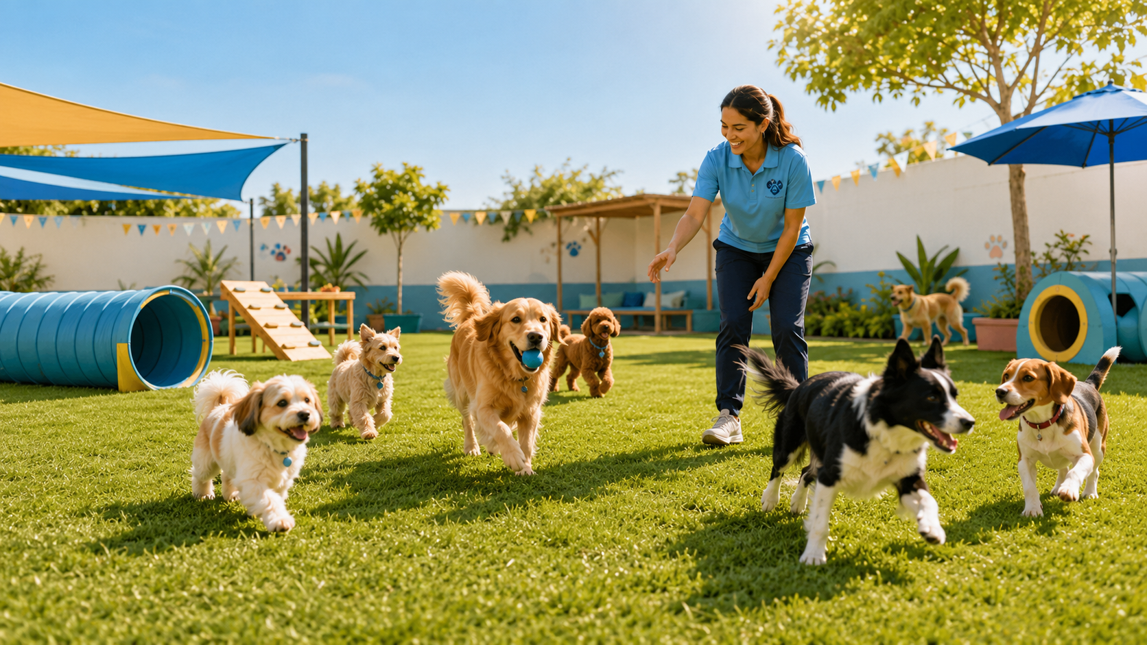 Perros disfrutando de un jardín con juegos